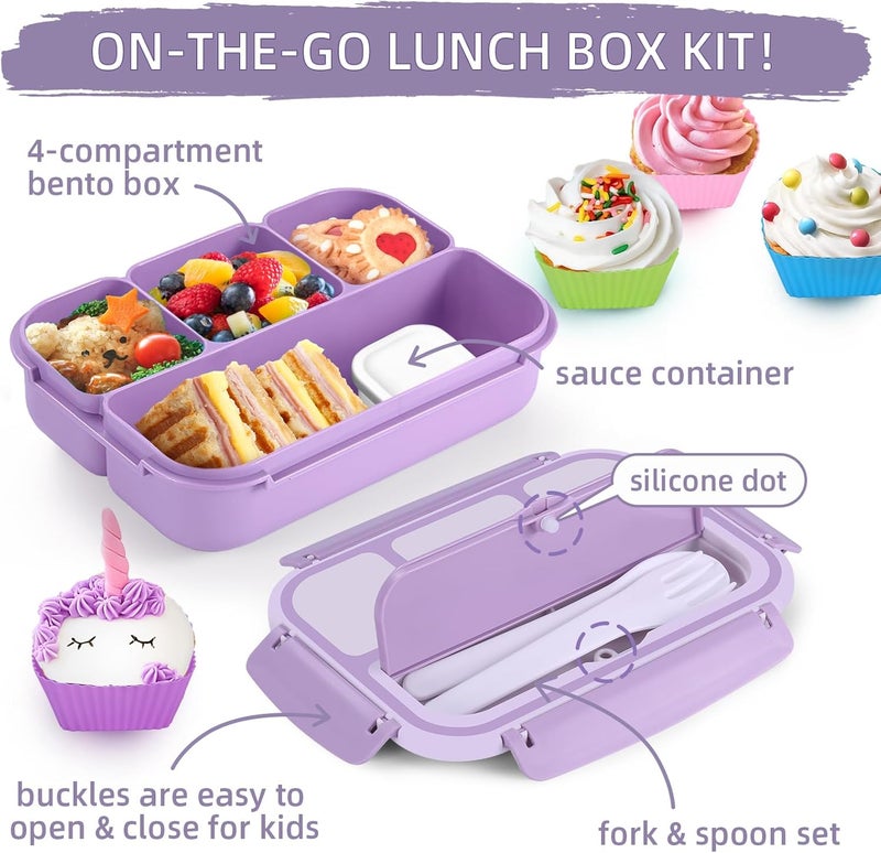 QQKO Bento Box Adult Lunch Box, Lunch Containers for Adults Men Women, Kids Lunch Boxes for School with 4 Compartments, Sauce Container, Utensils and Muffin Cups, Purple - Image 3